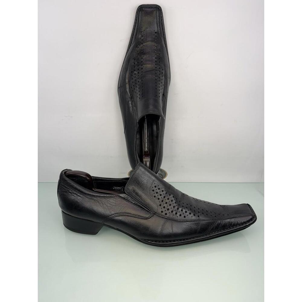 Italian Square Toe Black Leather Loafers Perforated Slip On EU 42 Avant Garde